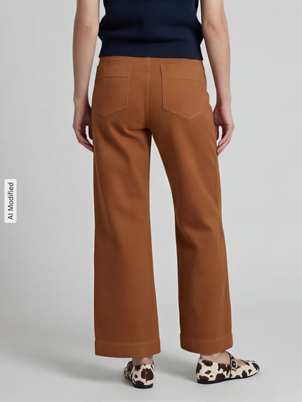 Frauenmodel trägt Hose mit verkürzter Passform mit aufgesetzten Taschen von Jake*s Casual in Braun, sichtbare Gesäßtaschen, Ganzkörperansicht Rückansicht.