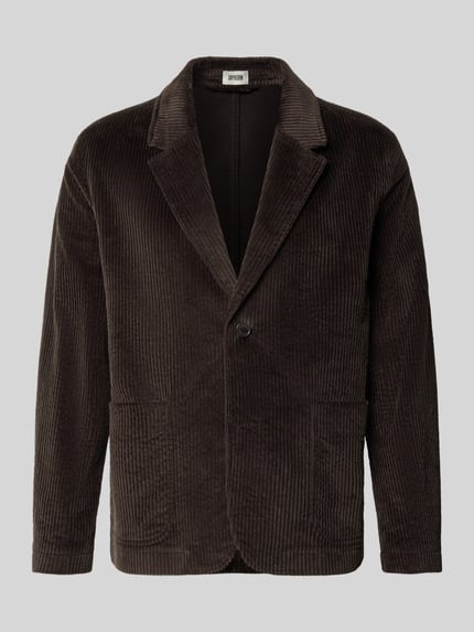 Productfoto, Sakko mit aufgesetzten Eingrifftaschen Modell 'YACODA' van DRYKORN, donkerbruin, corduroy structuur, regular fit, katoenmix met stretch, reverskraag, knoopsluiting, opgestikte steekzakken, ruglengte 72 cm, schouderbreedte 48 cm, mouwlengte 64 cm.