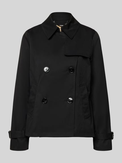 Produktfoto, schwarzer Trenchcoat mit Knopfverschluss von MICHAEL Michael Kors, zweireihig, glatte Oberfläche, Umlegekragen, Regular Fit.