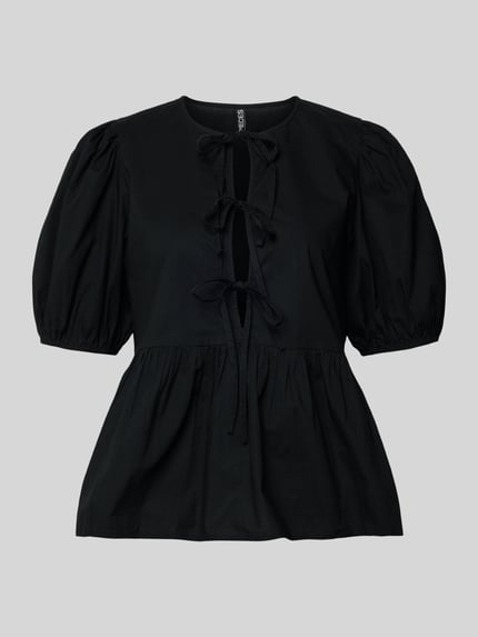 Produktfoto, Regular Fit Bluse aus reiner katoen Model 'JOLLY' van Pieces in effen zwart met ronde hals, ballonmouwen en bindsluiting, popeline, geplooid detail