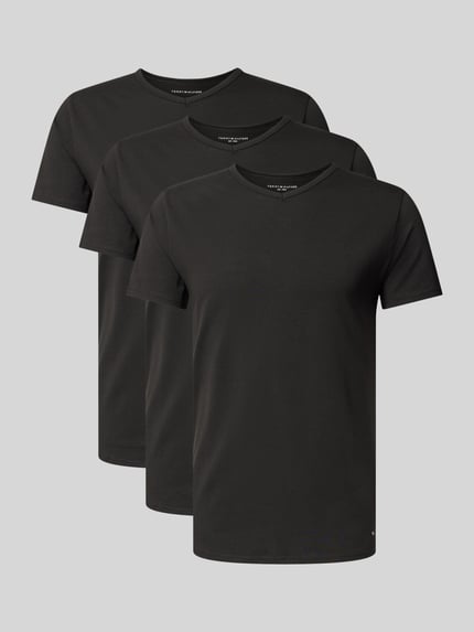 Produktfoto, jednokolorowy Slim Fit T-Shirt Set aus Baumwoll-Mix im 3er-Pack von Tommy Hilfiger, czarny, krótki rękaw, dekolt w serek, jersey, krój slim fit, multipack 3 sztuki