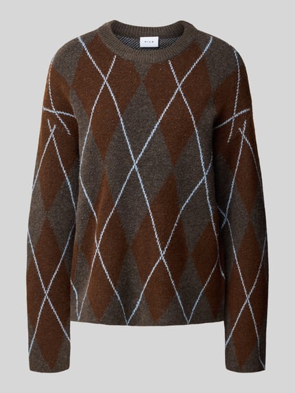 Productfoto, Strickpullover im Allover-Look Modell 'argyle' van VILA, bruin met ruitpatroon, materiaal-mix met stretch, relaxed fit, ronde hals, ruglengte 62 cm, mouwlengte 49 cm