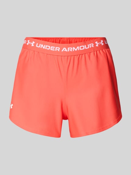 Productfoto, Shorts met elastische tailleband en logo van Under Armour in regular fit, labeldetails, in koraalrood, gladde textuur.