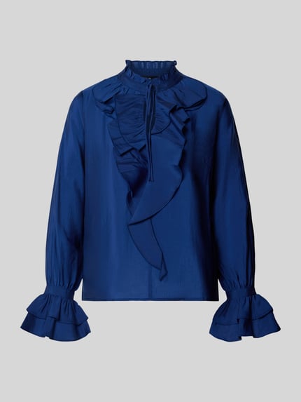 Produktfoto, Bluse mit Volants und Bindung von monari, Damen Lyocell-Mix, Regular Fit, Rüschenkragen, Volantärmel, dunkelblau