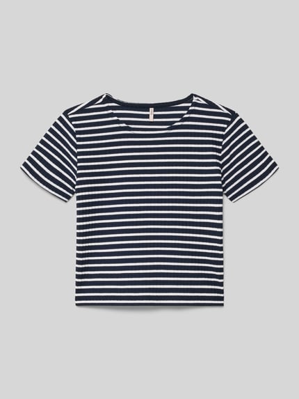 Produktfoto, Regular Fit T-shirt met viscose, model 'NELLA STRIPED' van Only, all-over streepmotief, ribtextuur, korte mouw, ronde hals