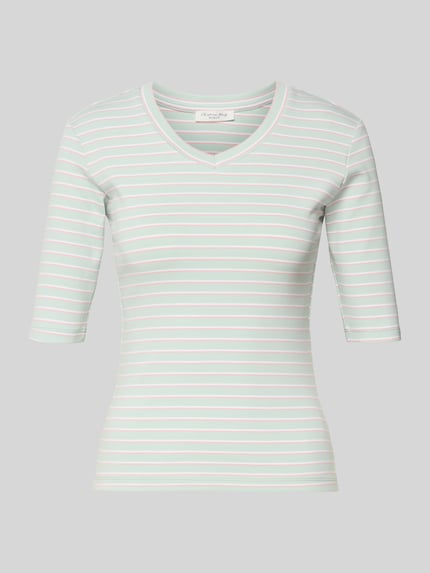 Produktfoto, Longsleeve mit 3/4-Arm und V-Ausschnitt von Christian Berg Woman aus Baumwoll-Mix mit Stretch-Anteil, feine Streifen, Straight Fit, Rückenlänge 54 cm bei Größe S