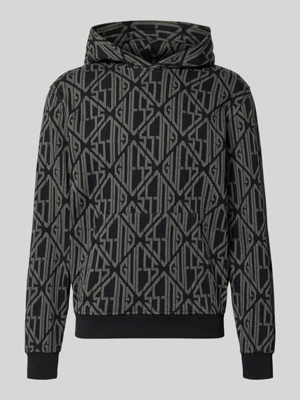 Produktfoto, Hoodie im Allover-Look mit Känguru-Tasche von Guess, zwart-grijs met grafisch patroon, regular fit, puur katoen, kangoeroezak, ruglengte maat M 67 cm, mouwlengte maat M 67 cm