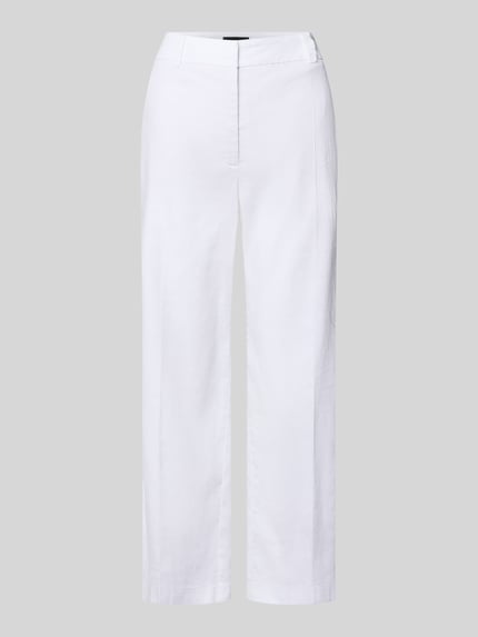 Produktfoto, weiße Damen Chino aus Leinen-Mix mit Bügelfalte Modell 'CALIFORNIA' von Cambio, Straight Fit, Haken- und Reißverschluss, französische Eingrifftaschen, Gesäßtaschen, Bundweite 41 cm, Innenbeinlänge 68 cm bei Größe 36, glatte Textur, schlichte Form.