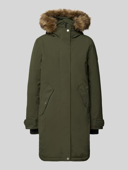 Produktfoto, Regular Fit Parka mit Kunstfellbesatz Modell 'ERNA' von Didriksons in Olivgrün mit Kapuze, Thermore Füllung, wasserabweisende Struktur, Damen Parka, 10.000mm Wassersäule, mittellange Form