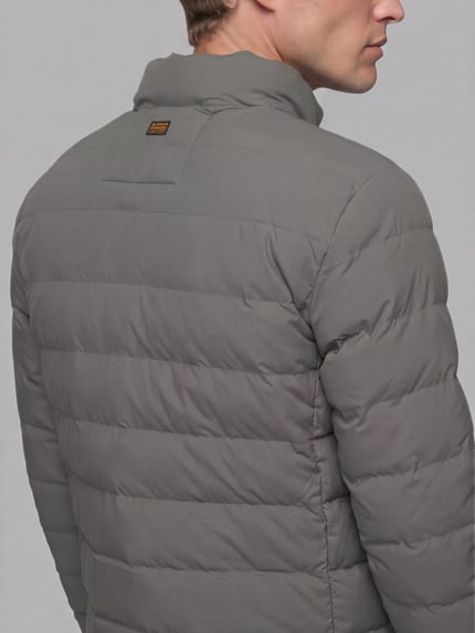 Männermodel trägt Steppjacke mit Brusttasche Modell 'Foundation' von G-Star RAW in Grau mit Label-Patch, Rückansicht, Nahaufnahme Oberkörper.