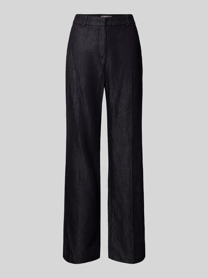 Produktfoto, Hose in Denim-Optik mit Bügelfalten von Christian Berg Woman Selection, dunkelblauer Baumwoll-Lyocell-Mix, Regular Fit, strukturierte Oberfläche, Bundweite und Innenbeinlänge in Größe 36 erkennbar.