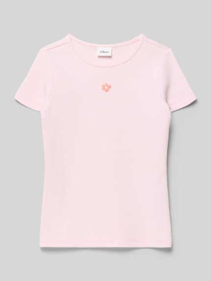 Produktfoto, Regular Fit T-Shirt aus Baumwoll-Mix von s.Oliver RED LABEL, Optik: Unifarben, Applikation: Stickerei, Rundhals, Ärmelform: Kurzarm, Materialverarbeitung: Ripp.