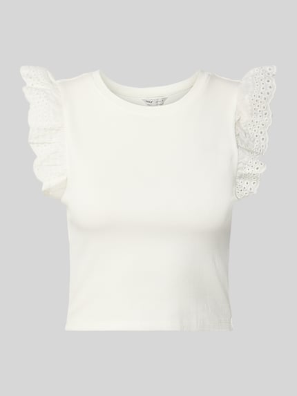 Produktfoto, Slim Fit T-Shirt aus Baumwoll-Mix Modell 'MATHILDA' von Only, Optik: Unifarben, verkürzte Länge, Lochspitze, Rundhals, Kappärmel, glatte fein strukturierte Oberfläche.