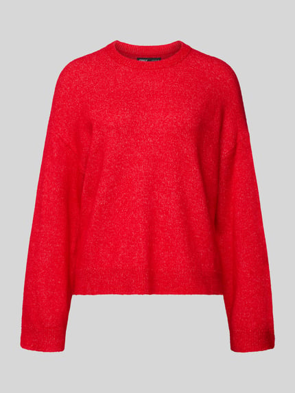 Produktfoto, Relaxed Fit Strickpullover mit Crew Neck Modell 'SIMONI' von Only in kräftigem Rot, Melange-Optik, gerippte Abschlüsse, Strick