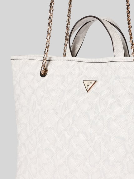 Produktfoto, Shopper mit herausnehmbarer Tasche Modell 'GIULLY II' von Guess in Weiß mit dezentem Muster, goldfarbenes Label, strukturierte Oberfläche