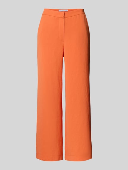 Produktfoto, leuchtend orangefarbene Hose mit geraden Beinen, strukturierte Oberfläche, Eingrifftaschen, Modell 'PALINA 6/8' von Raffaello Rossi, Damen Hose mit verkürzter Passform, Bundweite 40 cm, Innenbeinlänge 68 cm