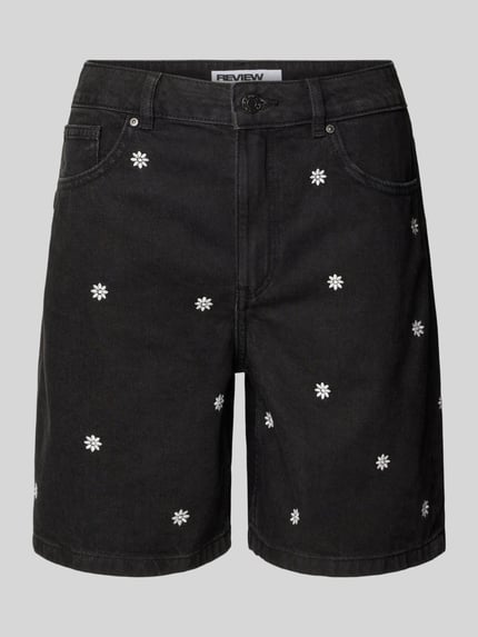 Produktfoto, Schwarze Jeansshorts mit Stitchings von REVIEW aus reiner Baumwolle im Regular-Fit mit weißen Stitchings und Eingrifftaschen.