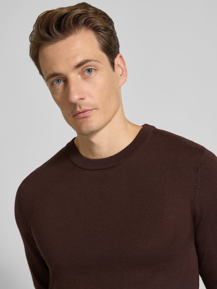 Selected Sweter o kroju regular fit z czystej wełny merino model ‘TRAY’ Ciemnobrązowy 3