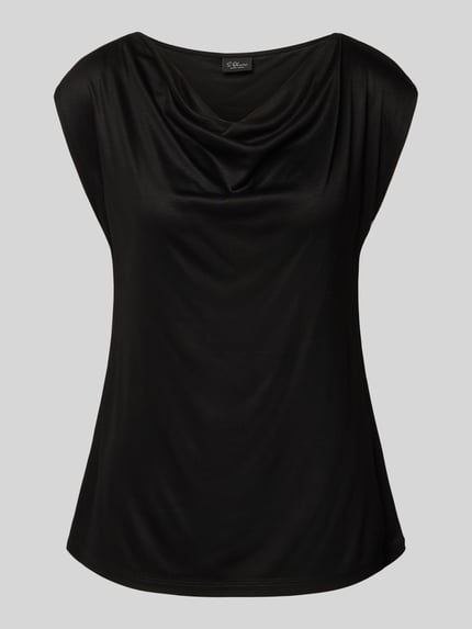 Produktfoto, Regular Fit Blusentop aus reiner Viskose von s.Oliver BLACK LABEL, czarny, gładki satynowy materiał, zaokrąglony dekolt, label stitching