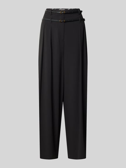 Produktfoto, schwarze Flared Fit Hose mit Viskose-Anteil Modell 'FLANELLA' von Liu Jo White, doppeltes Design mit zwei schmalen Gürteln.