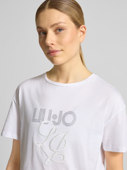 Liu Jo White T-Shirt mit Label-Stitching und Ziersteinbesatz Weiss 3