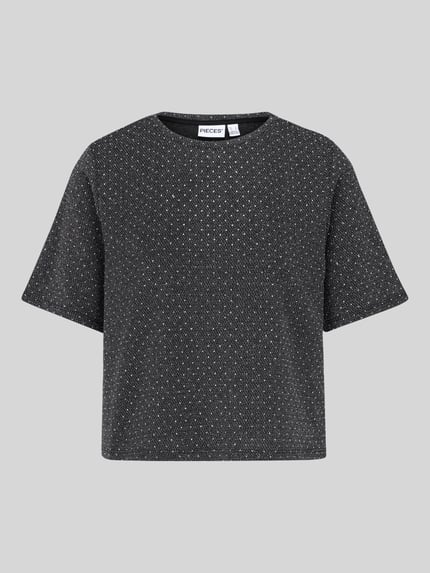 Produktfoto, T-Shirt mit Allover-Muster in dunklem Ton, gepunktete Struktur, reguläre Passform, Jersey-Material, PIECES, cropped, runder Ausschnitt