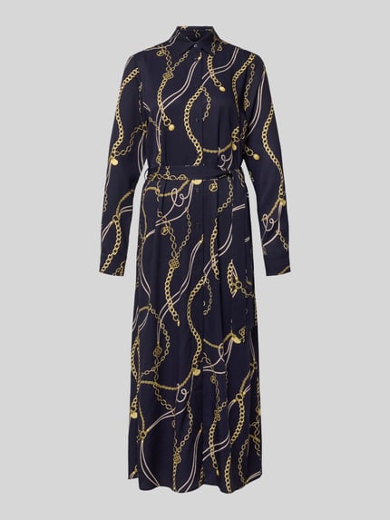 Produktfoto, Hemdblusenkleid aus Viskose mit Bindegürtel von Gant, Dunkelblau mit goldfarbenem Kettenmuster, taillierter Schnitt, Hemdblusenkragen, Knopfleiste, Midikleid, Rückenlänge bei Größe 36: 135 cm, Brustweite: 48 cm, Ärmellänge: 62 cm