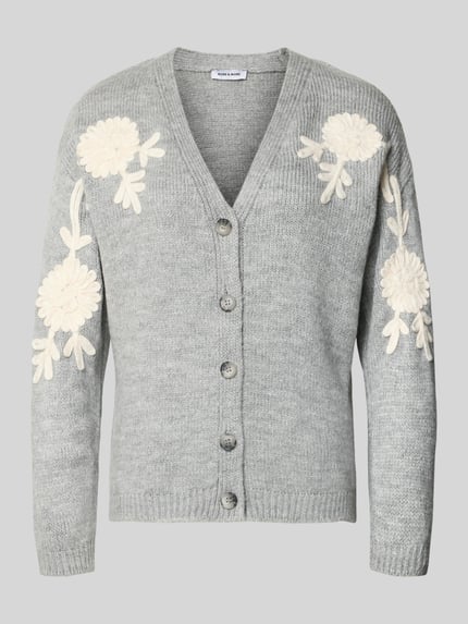 Produktfoto, Strickjacke mit Knopfleiste von More & More in Grau, lockerer Schnitt, V-Ausschnitt, gerippte Abschlüsse, Strukturmix, cremefarbene Blumenapplikationen