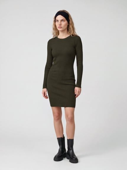 PIECES Strickkleid mit Rippstruktur Dunkelgruen 1
