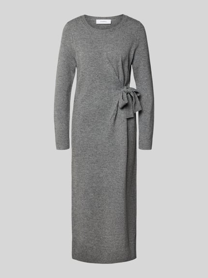 Produktfoto, Relaxed Fit Kleid aus Woll-Mix in Strick-Optik Modell 'Protect' von comma, grau meliert, langärmelig, Rundhalsausschnitt, Zierschleife, Oberflächenstruktur weich und fein.