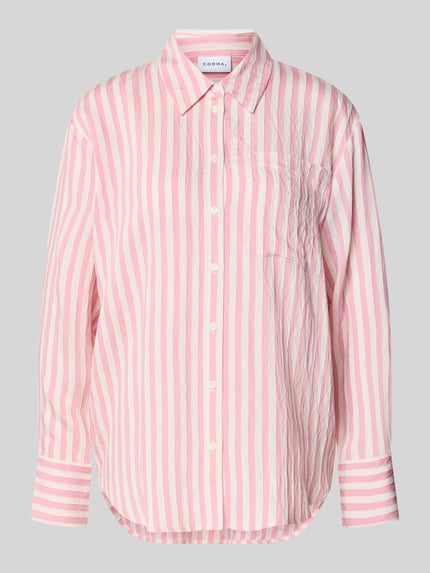 Produktfoto, Relaxed Fit Bluse aus Viskose-Mix von Comma, rosa-weiß gestreift, Hemdblusenkragen, Knopfleiste, strukturierte Oberfläche