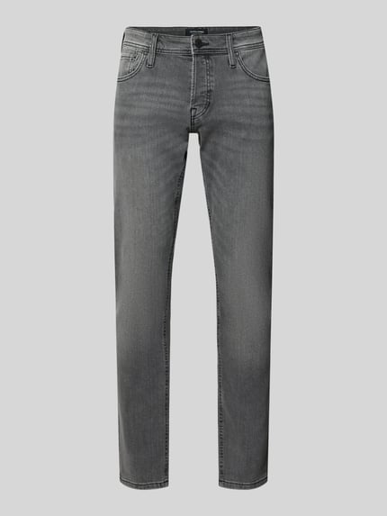 Produktfoto, Straight Fit Jeans im 5-Pocket-Design Modell 'GLENN' von Jack & Jones, bawełniany materiał z domieszką stretchu, szary kolor, szerokość w rozmiarze 32/32: 41 cm, długość nogawki wewnętrznej: 77 cm