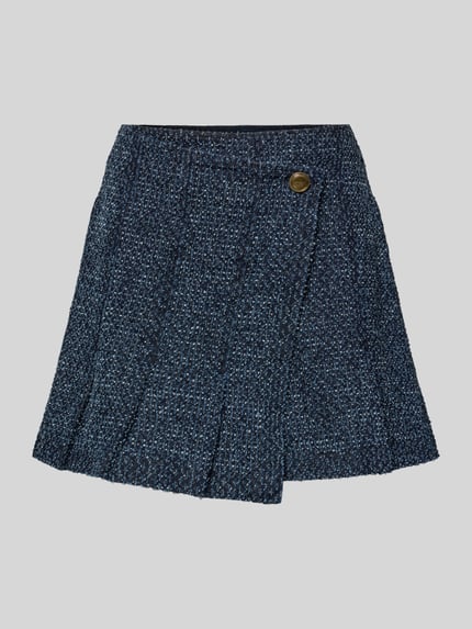 Produktfoto, Skort in wikkellook met ritssluiting aan de zijkant van Marc Cain, puur katoen, A-lijn, blauw gemêleerde textuur.