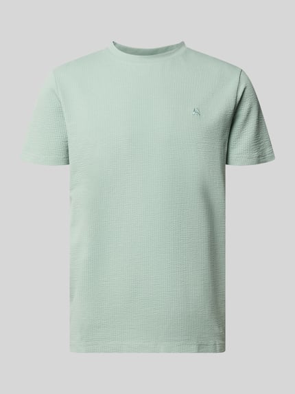 Productfoto, T-shirt met structuurpatroon en logo-stitching van Lerros in lichtgroen katoenmix met stretch, regular fit, ronde hals, ruglengte maat M 75 cm.