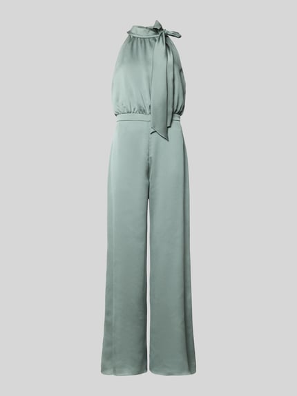 Produktfoto, Jumpsuit mit Schluppe und rückseitigem Knopfverschluss von Swing, satyna, taliowany fason, szerokość w rozmiarze 36: 66 cm, długość tyłu 37 cm, całkowita długość 152 cm, długość wewnętrzna nogawki 82 cm, miękka gładka faktura, kolor pastelowy miętowy