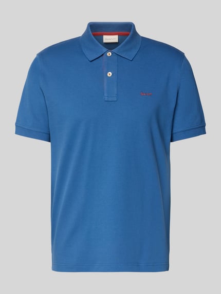 Produktfoto, Regular Fit Poloshirt mit Logo-Stitching von Gant aus elastischem Baumwoll-Mix in Blau, Polokragen, kurze Ärmel, glatte Textur
