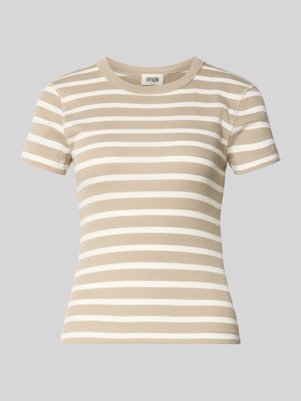 Produktfoto, t-shirt met ronde hals model 'KOALE' van Drykorn, puur katoen, nauwsluitend model, fijnrib, beige-witte strepen