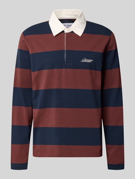 Produktfoto, Regular Fit Poloshirt aus reiner Baumwolle Modell 'KEVIN' von Samsøe Samsøe, ciemnoniebiesko-brązowe pasy, label-stitching, długość tyłu dla rozmiaru M: 73 cm