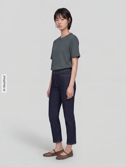 Frauenmodel trägt Slim Fit Jeans aus Baumwoll-Mix Modell 'Jenny Smart' von TONI, dunkle Farbe, schmale Form, Damen Slim Fit Jeans von TONI, Ganzkörperansicht von vorne, KI-modifiziertes Bild.