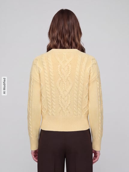 Frauenmodel trägt Regular Fit Pullover aus reiner Schurwolle Modell 'ALBEN' von Max Mara in Hellgelb mit Zopfmuster, Damen Pullover von Weekend Max Mara, Ganzkörperansicht Rückansicht, KI-modifiziertes Bild.