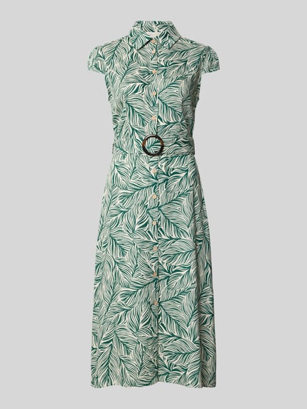 Produktfoto, Midikleid aus Viskose-Mix mit Leinen-Anteil von Apricot, florales Muster, taillierte Passform, grün-weiß, Gürtel, Knopfleiste