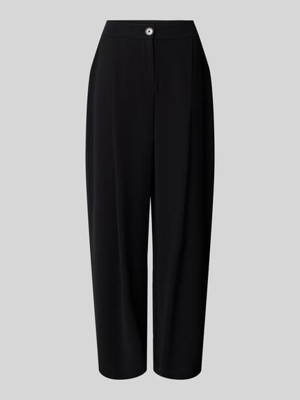 Produktfoto, Relaxed Fit Hose mit zakładkami w pasie od Armani Exchange, czarny kolor, zapięcie na guzik i zamek błyskawiczny, wpuszczane kieszenie, szerokość w rozmiarze 36: 38 cm, długość wewnętrzna nogawki w rozmiarze 36: 76 cm