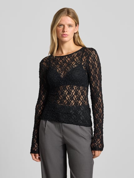 PIECES Slim Fit shirt met lange mouwen met ronde hals model 'HAZEL' Zwart - 4