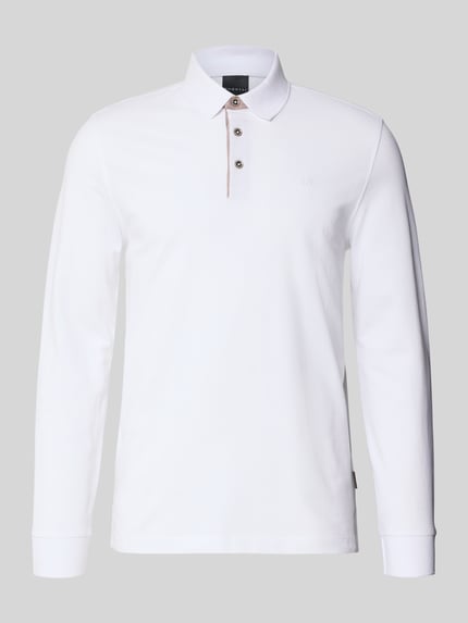 Produktfoto, Regular Fit Poloshirt mit Kontrastkragen und Label-Stitching von bugatti in Weiß, reine Baumwolle, Longsleeve, Knopfleiste, Rückenlänge 71 cm bei Größe M.
