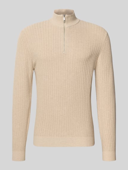 Productfoto, Strickpullover mit gerippten Abschlüssen van Christian Berg Men in beige, katoen, regular fit, opstaande kraag, korte rits.