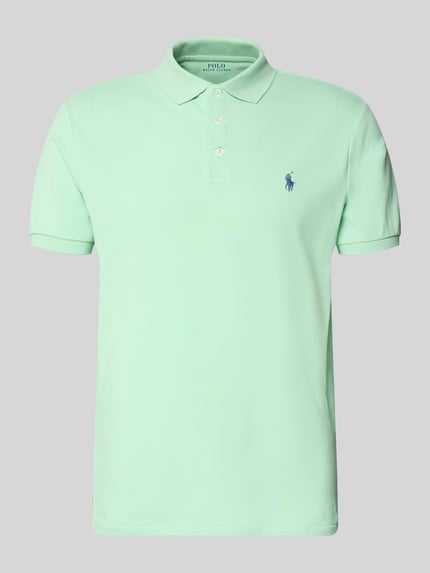 Produktfoto, lichtgroen unikleurig Slim Fit Poloshirt aus Baumwoll-Mix van Polo Ralph Lauren met logodetail, polokraag, korte knoopsluiting, korte mouwen met geribde boorden, asymmetrische zoom met zijsplitten, piquétextuur