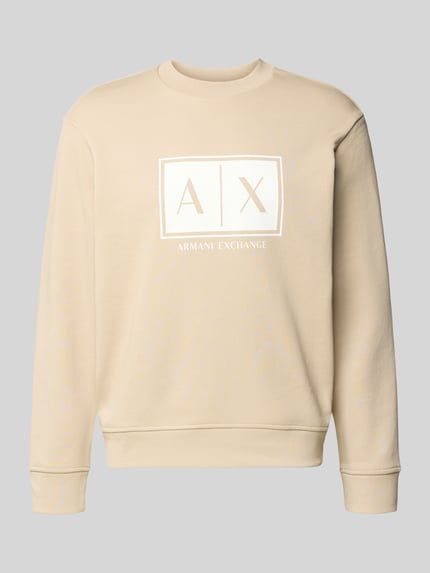 Productfoto, Sweatshirt met logo-print en ronde hals, beige katoen, loose fit, Armani Exchange, ruglengte 65 cm, mouwlengte 61 cm