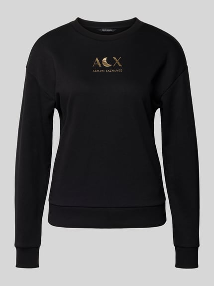 Produktfoto, zwart sweatshirt met goudkleurige logoprint, katoenmix, regular fit, ronde hals, Sweatshirt met Logo en Rundhalsausschnitt van Armani Exchange