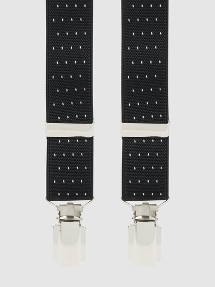 Produktfoto, Hosenträger in X-vorm van Willen, zwarte elastische materiaalmix met verstelbare bandjes en metalen clips, detailopname