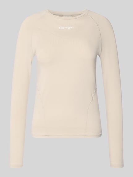 Produktfoto, Langarmshirt mit Rundhalsausschnitt von aim'n, cielisty kolor, półprzezroczysty materiał, krój slim fit, ozdobne szwy, długość pleców w rozmiarze S 55 cm
